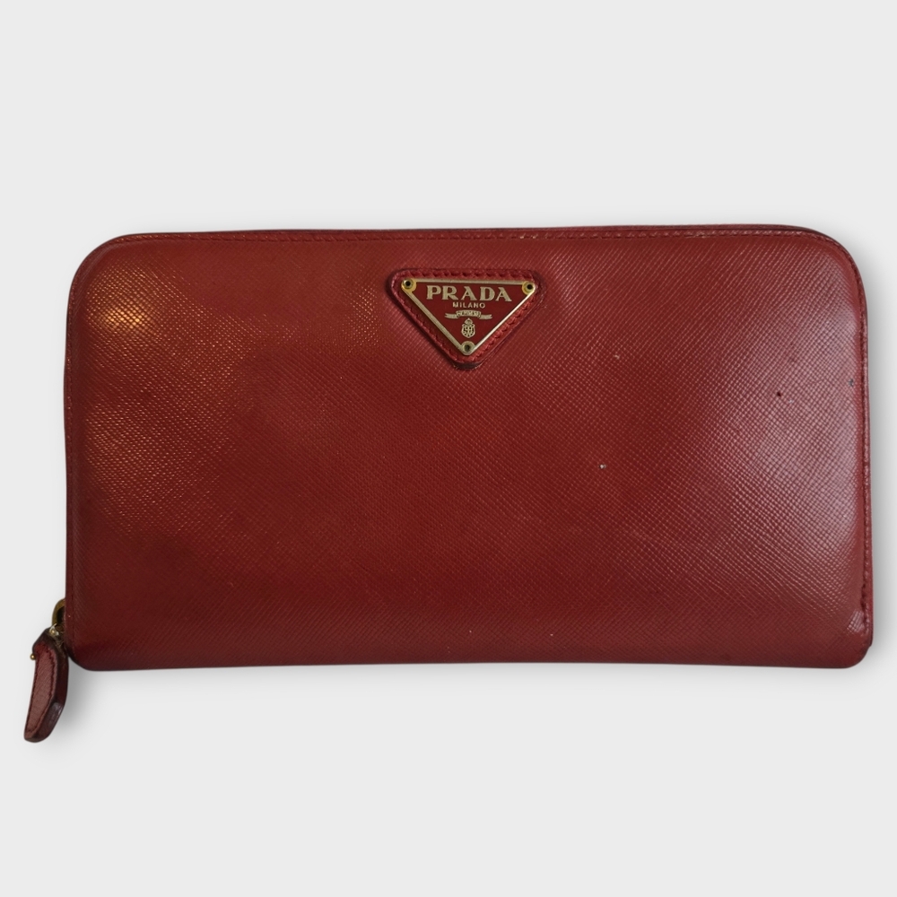 Prada (+GIFT) Leather Red Triangle Zip Around Wallet Card Slots Zipper Compartm